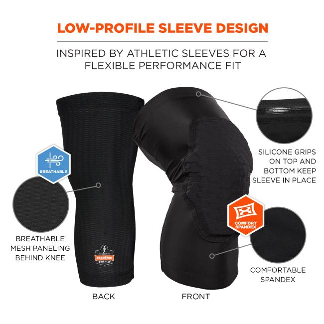 Low-profile sleeve design: inspired by athletic sleeves for a flexible performance fit. Breathable mesh paneling behind the knee. Silicone grips on top and bottom keep sleeve in place. Comfortable spandex. Image shows front and back of knee sleeves