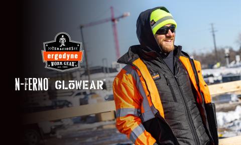 Worker in Ergodyne hi-vis winter jacket and reflective beanie. N-Ferno & GloWear