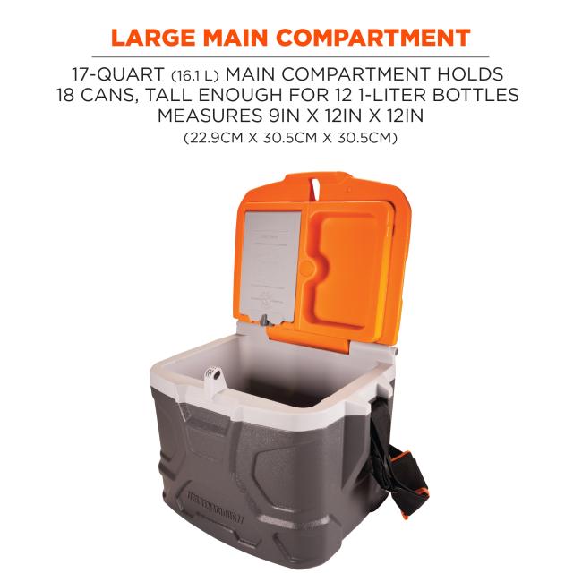 large main compartment: 17-quart (16.1 L) main compartment holds 18 cans, tall enough for 12 1-liter bottles. measures 9 in x 12 in x 12 in (22.9 cm x 30.5 cm x 30.5 cm)