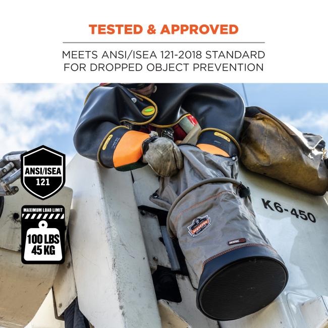 Tested & approved: Meets ANSI/ISEA 121-2018 standard for dropped object prevention. Max. Load limit: 100lbs / 45kg. ANSI/ISEA 121 compliant
