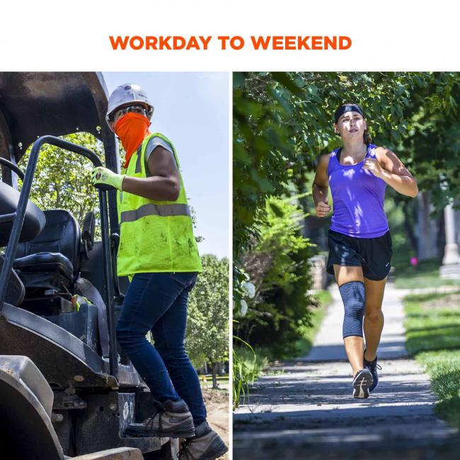 Workday to weekend. Image on left shows construction worker wearing sleeve under clothes. Image on right shows a runner wearing sleeve.