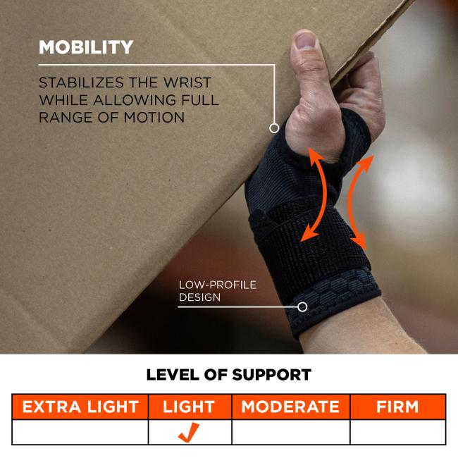 Mobility: stabilizes the wrist while allowing full range of motion. low-profile design. Light level of support. Support scale has levels of extra light, light, moderate, and firm support