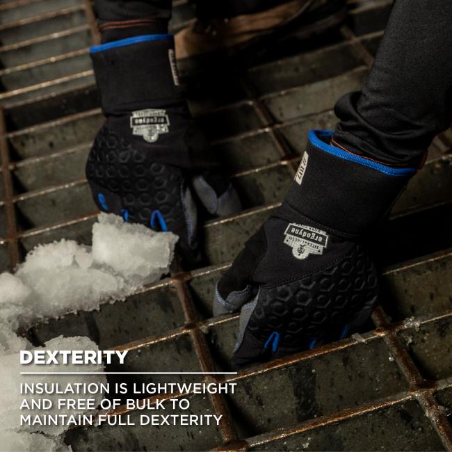Dexterity: Insulation is lightweight and free of bulk to maintain full dexterity. Image shows person lifting up metal grate while wearing gloves.