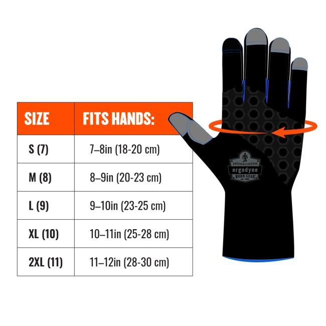 Image shows to measure across hand at base of fingers. Size chart: size xs(6) fits hands up to 7in(18cm). Size S(7) fits hands 7-8in(18-20cm). Size M(8) fits hands 8-9in(20-23cm). Size L(9) fits hands 9-10in(23-25cm). Size XL(10) fits hands 10-11in(25-28cm). Size 2XL(11) fits hands 11-12cm(28-30cm). Size 3XL(12) fits hands 12-13in(30-32cm)