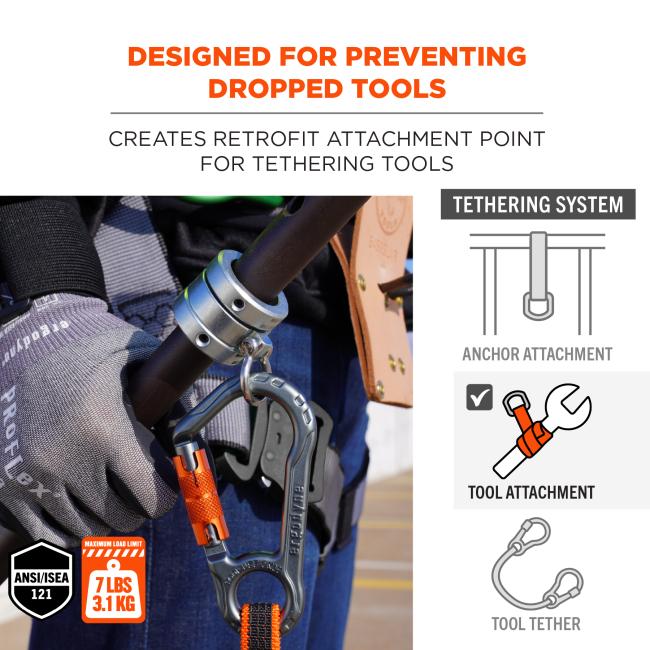 Designed for preventing dropped tools. Creates retrofit attachment point for tethering tools. ANSI/ISEA 121 compliant. Maximum load limit of 7 lbs or 3.1 kg. Tool attachment