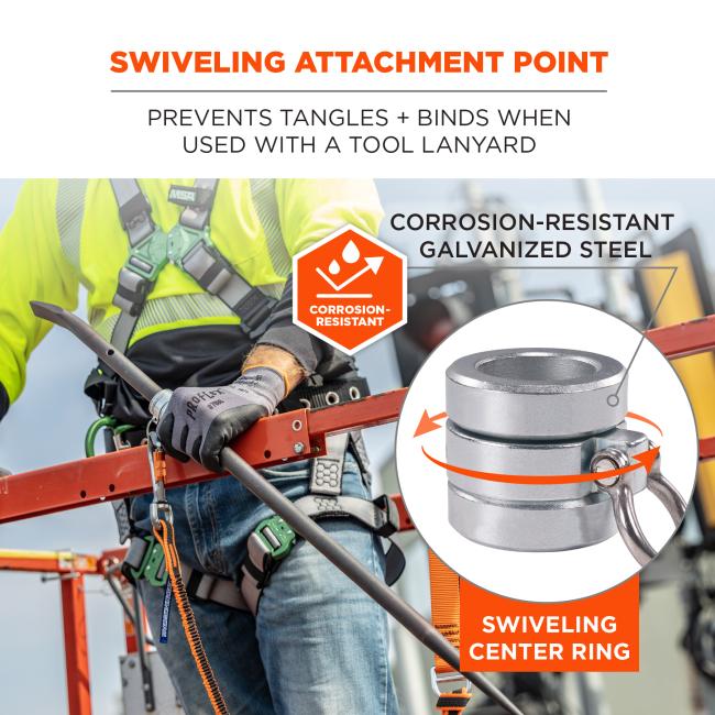 Swiveling attachment point: prevents tangles and binds when used with a tool lanyard. Corrosion resistant galvanized steel. Swiveling center ring