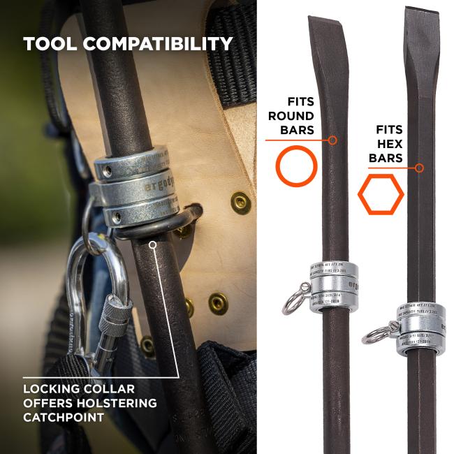 Tool compatibility: locking collar offers holstering catchpoint. Fits round bars and hex bars
