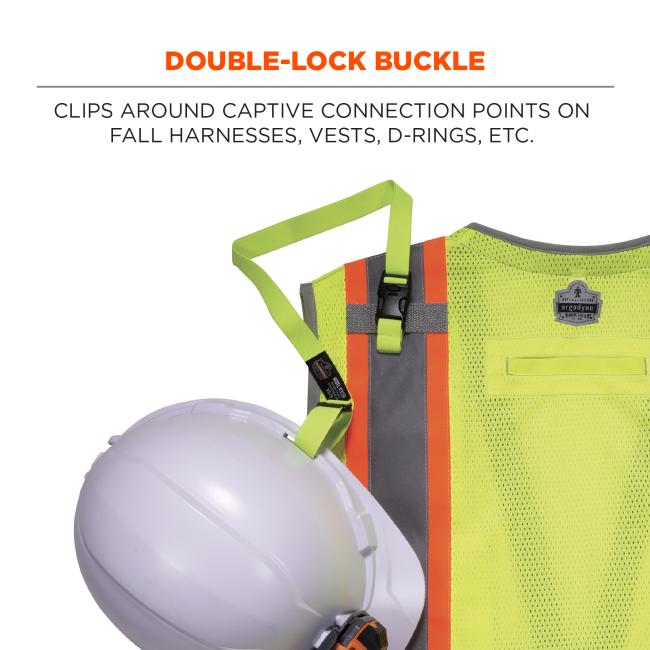 Double-lock buckle: clips around captive connection points on fall harnesses, vests, d-rings, etc. Image shows hard hat attached to vest with lanyard. 