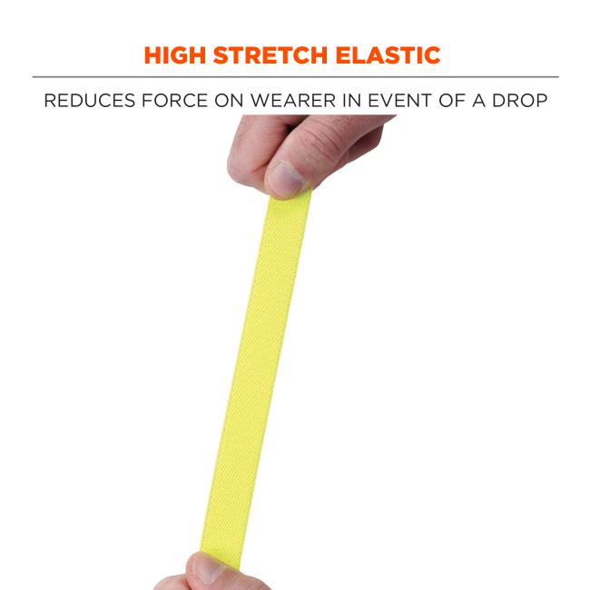 High stretch elastic: reduces force on wearer in event of a drop. Image shows hands stretching out lanyard. 