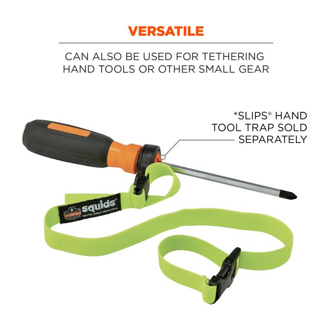 Versatile: can also be used for tethering hand tools or other small gear. Image shows lanyard attached to screw driver and attachment and says “*Slips Hand Tool Traps sold separately.”