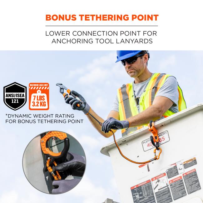 Bonus tethering point: lower connection point for anchoring tool lanyards. Meets ANSI/ISEA 121 standard. Maximum weight rating: 7 lbs/3.2kg. *Dynamic weight rating for bonus tethering point. 