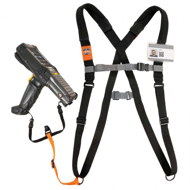 Front of barcode scanner harness with scanner attached