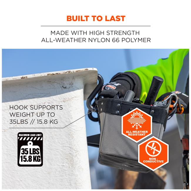 Built to last. Made with high strength all-weather nylon 66 polymer. hook supports weight up to 35 lbs/15.8kg. Maximum load limit: 35 lbs/15.8kg. All-weather resistant. Non-conductive.