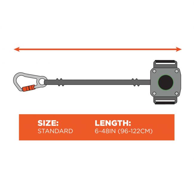 Size chart. Image shows length of lanyard from carabiner to housing is Size: Standard; Length: 6-48in (96-122cm).