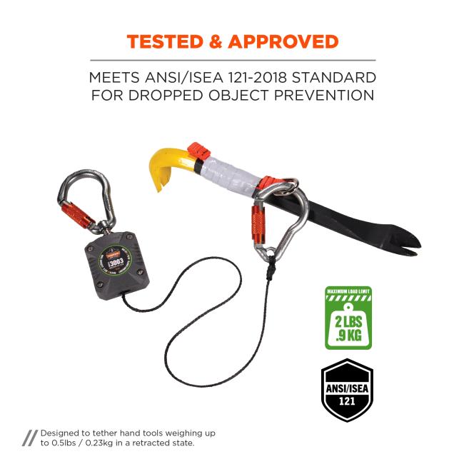 Tested & approved: Meets ANSI/ISEA 121-2018 standard for dropped objects prevention. Image shows lanyard attached to tool. Badges on right say “maximum load limit: 2 lbs/.9kg” and “ANSI/ISEA 121”. Note on the bottom left says “designed to tether hand tools weighing up to 0.5lbs/0.23kg in a retracted state.” ANSI/ISEA 121 compliant