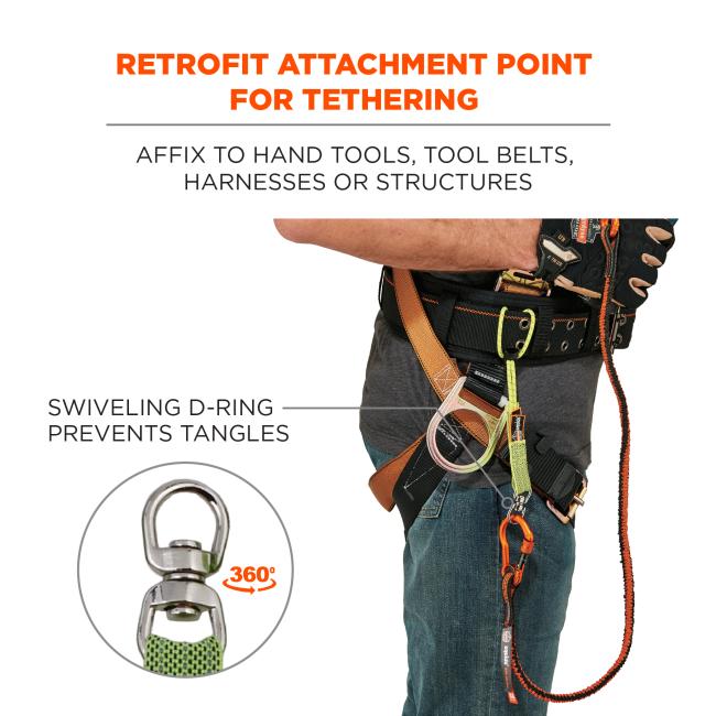 Retrofit attachment point for tethering: affix to hand tools, tool belts, harnesses or structures. Image shows detail of worker anchoring tool tail to harness. Image shows detail of D-ring and text says “swiveling d-ring prevents tangles — 360 degrees”. ANSI/ISEA 121 compliant