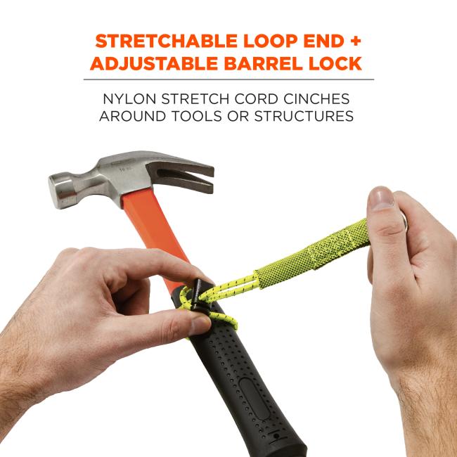 Stretchable loop end + adjustable barrel lock: nylon stretch cord cinches around tools or structures. Image shows person adjusting barrel lock on tail around a hammer
