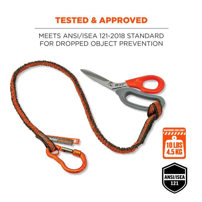 Tested & approved: meets ANSI/ISEA 121-2018 standard for dropped object prevention. Image shows lanyard attached to scissors. Icons on bottom right say “max. Load limit 10lbs/4.5kg)” and “ANSI/ISEA 121 compliant”