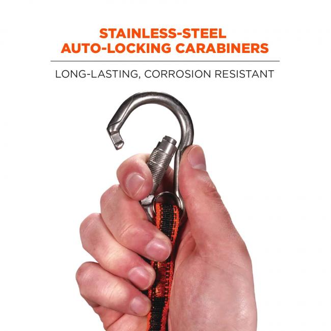 Stainless-steel auto-locking carabiner: long-lasting, corrosion resistant. Image shows person opening carabiner with hand. 
