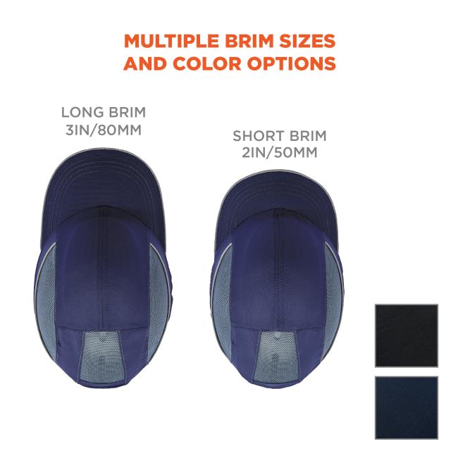 Multiple brim sizes and color options. Left image says LONG BRIM 3IN/80MM. Middle image says SHORT BRIM 2IN/50MM. Right image says MICRO BRIM 1IN/30MM. Swatches on bottom for black, navy and lime color options. 