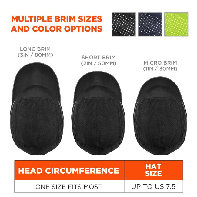 Multiple brim sizes and color options. Hat on left says “long brim, 3in/80mm)” and hat on right says “short brim, 2in/50mm”. Size chart on bottom says “hat size: up to 7.5. Available in black, navy, lime. 