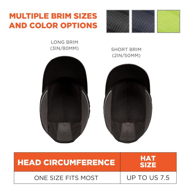 Multiple brim sizes and color options. Hat on left says “long brim, 3in/80mm)” and hat on right says “short brim, 2in/50mm”. Size chart on bottom says “hat size: up to 7.5". Swatches on bottom right for black, navy, lime