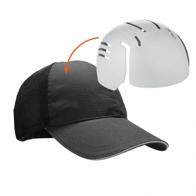 arrow pointing to hat from bump cap to show it goes inside hat image 1.