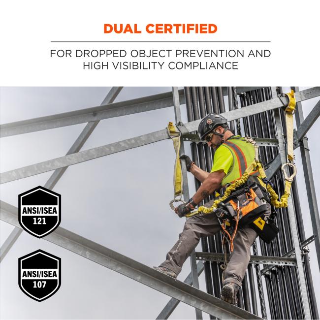dual certified: for dropped object prevention and high visibility compliance. Meets ANSI/ISEA 121 and ANSI/ISEA 107 