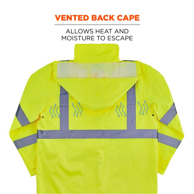 Vented back cape: allows heat and moisture to escape. Image shows vents