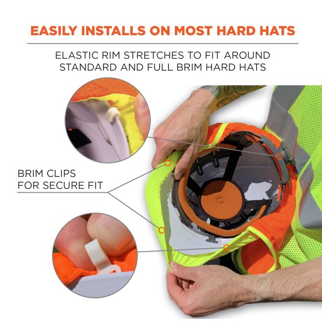 Easily installs on most hard hats. Elastic rim stretches to fit around standard and full brim hard hats. Brim clips for secure fit.