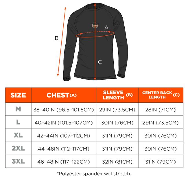Size chart for 6436. Medium (M): Chest 38-40IN (96.5-101.5CM), Sleeve Length 29IN (73.5CM), Center Back Length 28IN (71CM). Large (L): Chest 40-42IN (101.5-107CM), Sleeve Length 30IN (76CM), Center Back Length 29IN (73.5CM). Extra Large (XL): Chest 42-44IN (107-112CM), Sleeve Length 31IN (79CM), Center Back Length 30IN (76CM). 2XL (XXL): Chest 44-46IN (112-117CM), Sleeve Length 31IN (79CM), Center Back Length 30IN (76CM). 3XL (XXXL): Chest 46-48IN (117-122CM), Sleeve Length 32IN (81CM), Center Back Length 3