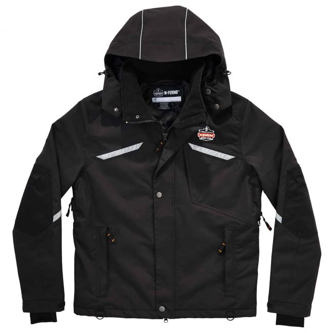 Front of jacket with hood, laydown