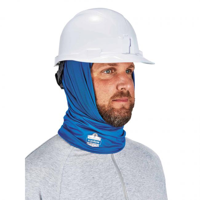 blue multi-band covering man's neck and head under a hard hat image 5