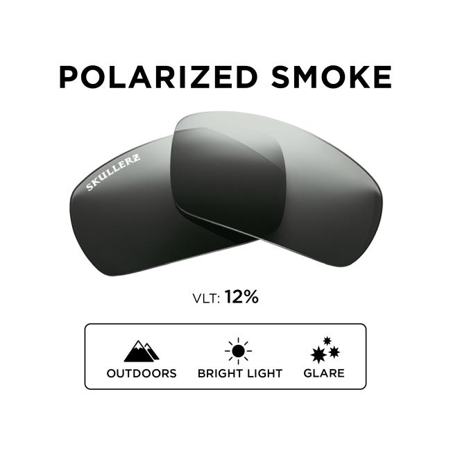 Polarized smoke lens. VLT: 12%. Used in outdoors, bright light, and glare
