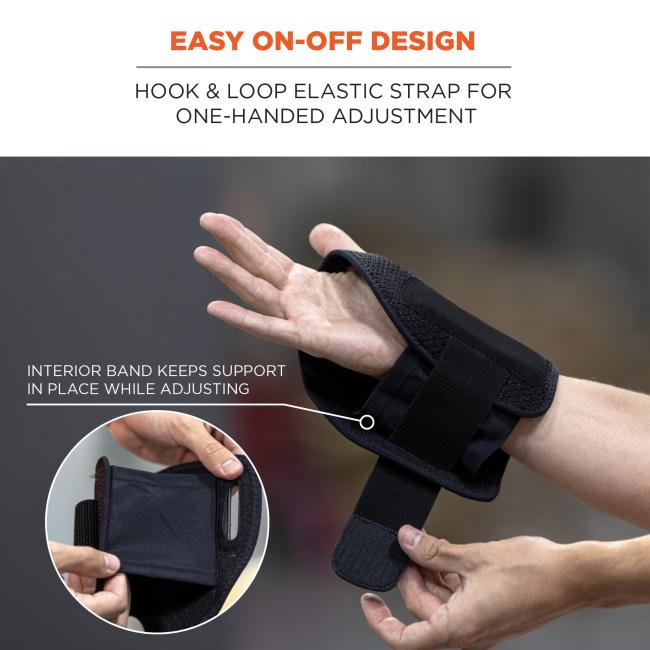 Easy on-off design: hook and loop elastic strap for one-handed adjustment. Interior band keeps support in place while adjusting