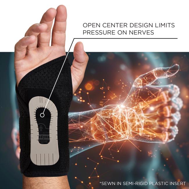 Open center design limits pressure on nerves. Sewn in semi-rigid plastic