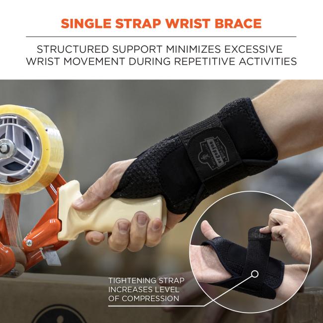 Single strap wrist brace: structured support minimizes excessive wrist movement during repetitive activities. Tightening strap increases level of compression