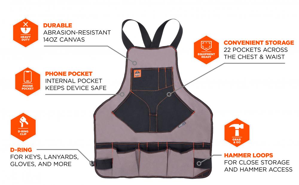 Durable: abrasion-resistant 14oz canvas. Hammer loops: for close storage & access to hammers. Convenient storage: 22 pockets across the chest & waist.  Phone pocket: internal pocket keeps devices safe. D-ring: for keys, lanyards, gloves & more