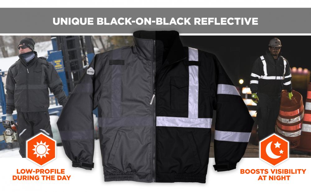Unique black-on-black reflective. Low-Profile during the day, boosts visibility at night.