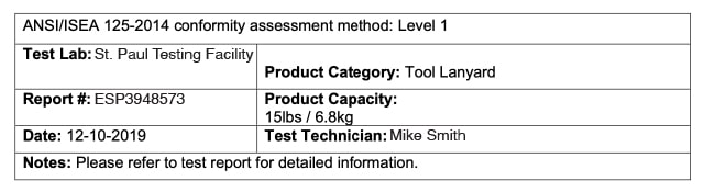 Tool Lanyards Certificate of Conformity