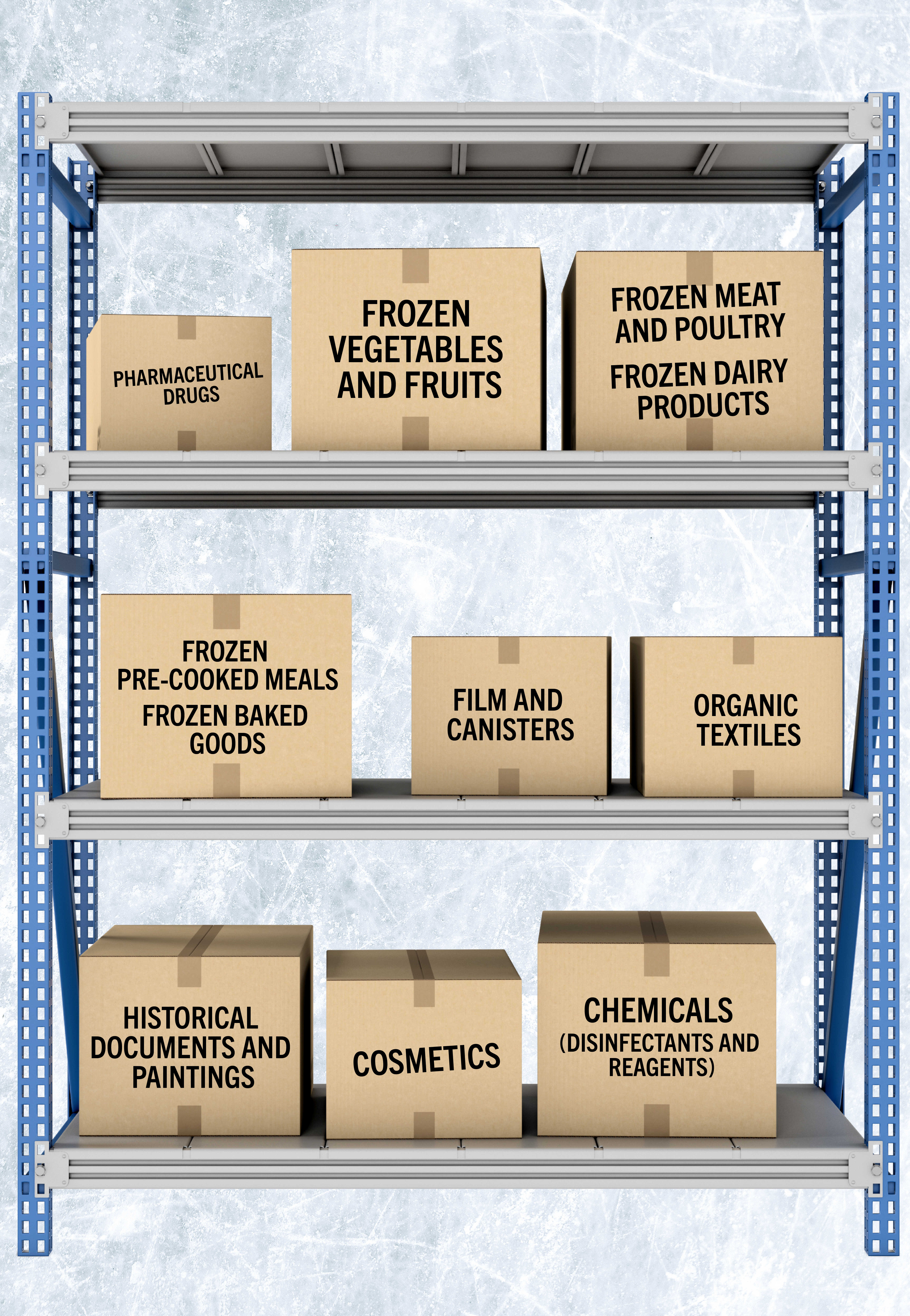 Boxes of frozen product types including: frozen pre-cooked meals, frozen baked goods, film, cannisters, organic textiles, historical documents, paintings, cosmetics, chemicals, disinfectants and reagents