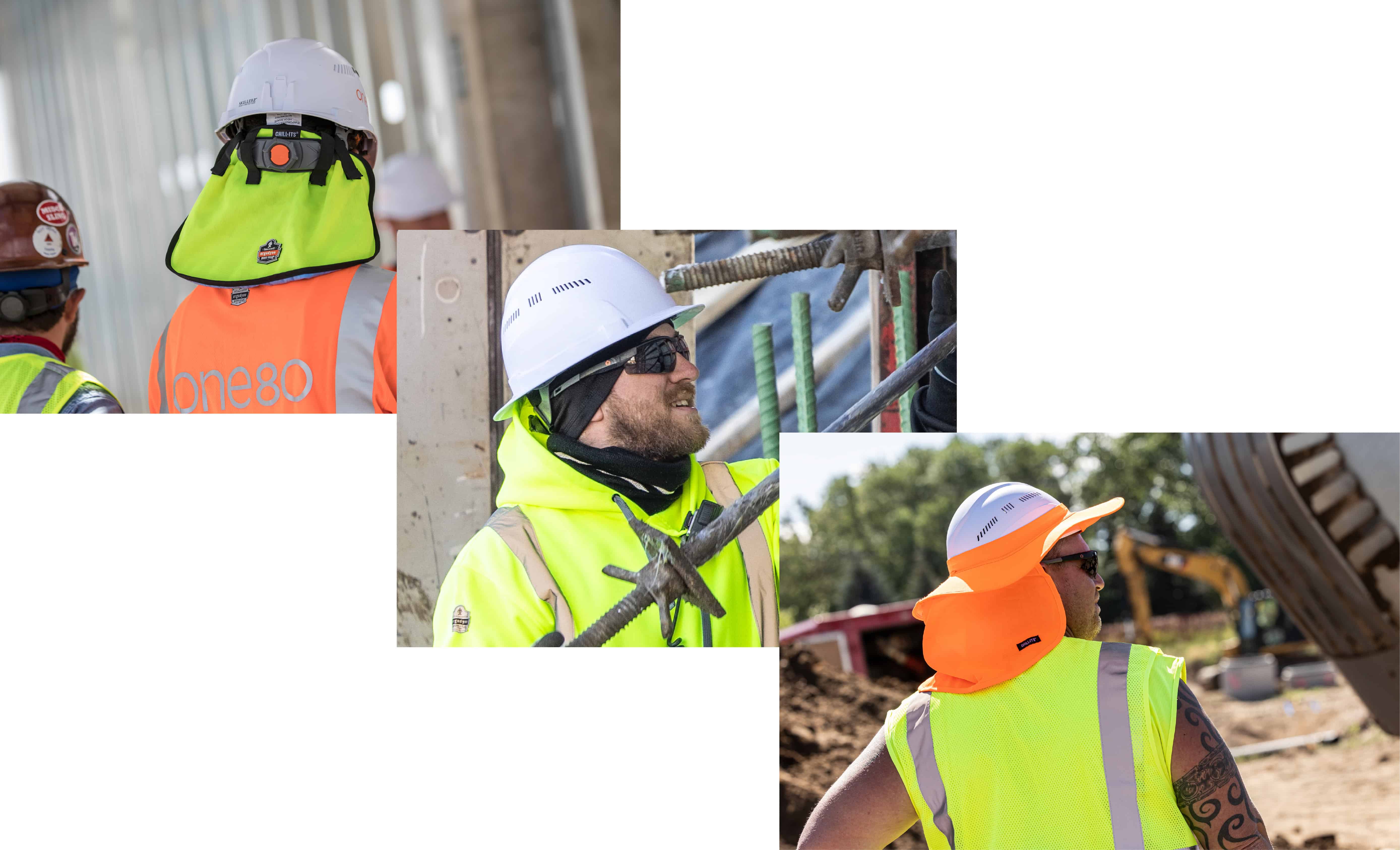 3 workers dressing up their safety helmets with a neck shade, balaclava and hard hat brim with neck shade to protect from the elements