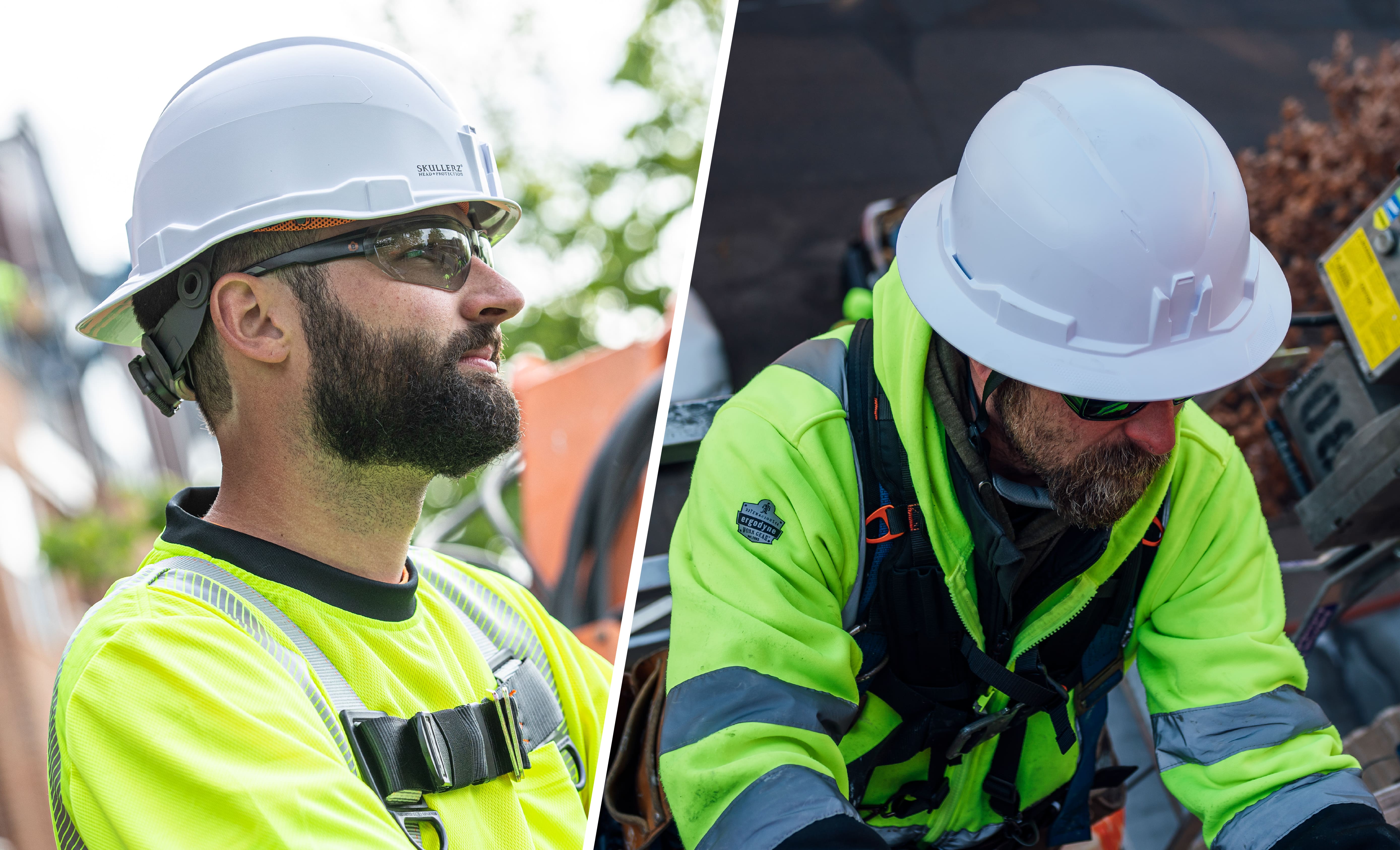 Two workers, one is wearing a cap style hard hat and the other is wearing a full-brim hard hat