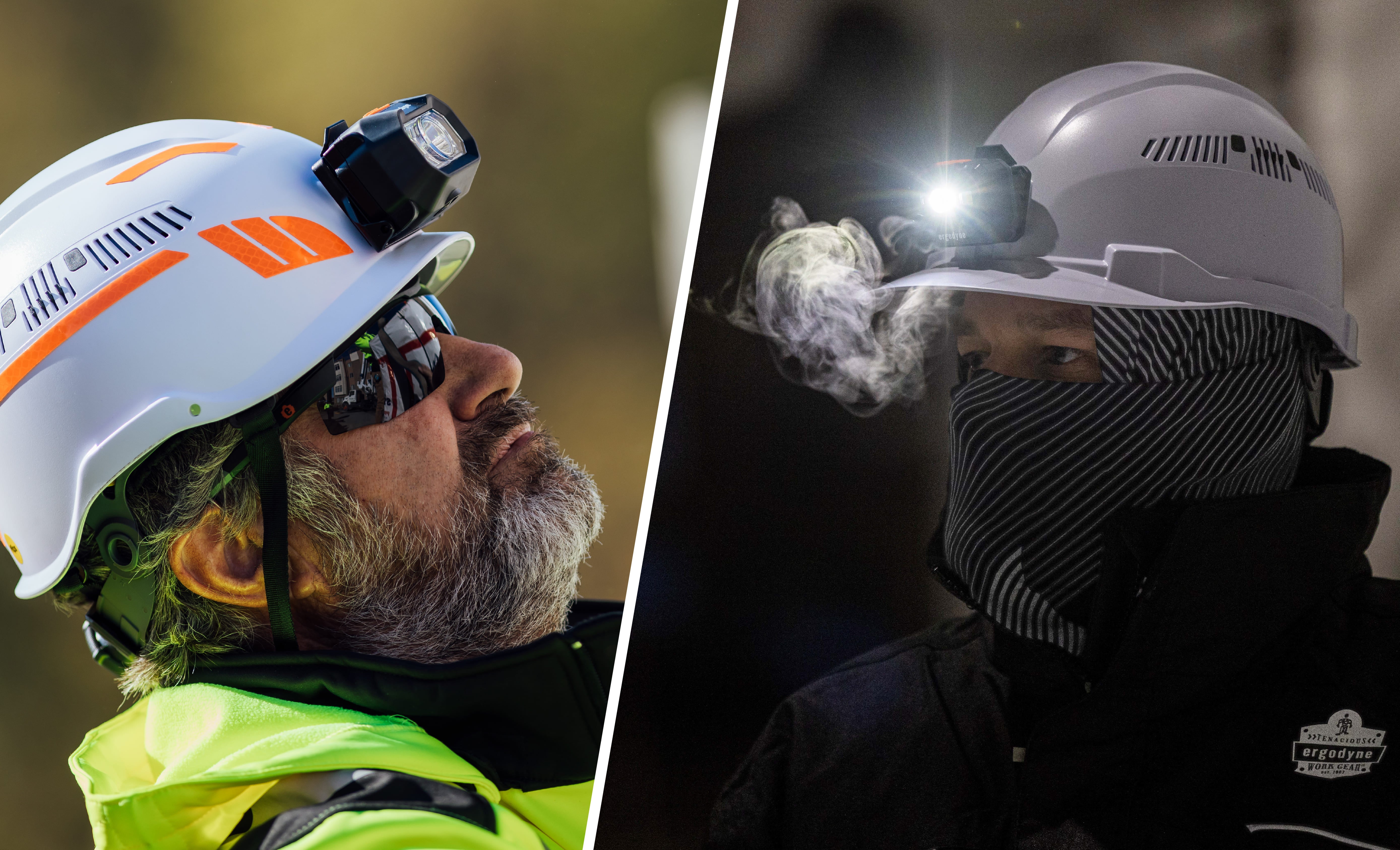 Worker looking up with safety helmet headlamp off. Another worker is pictured on the right with the safety helmet headlamp on