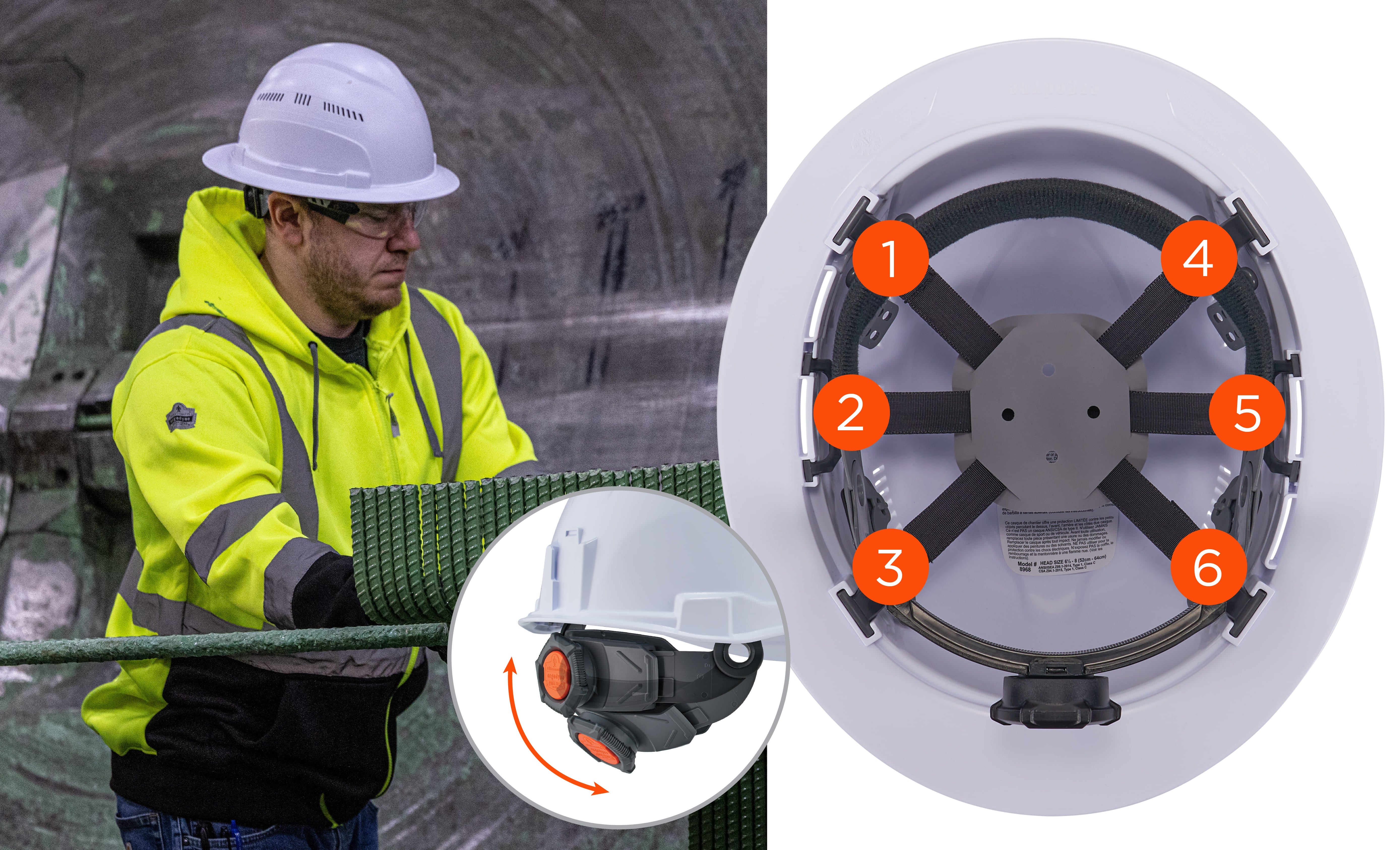 Worker wearing a full brim safety helmet that features a 6-point suspension and swing ratchet