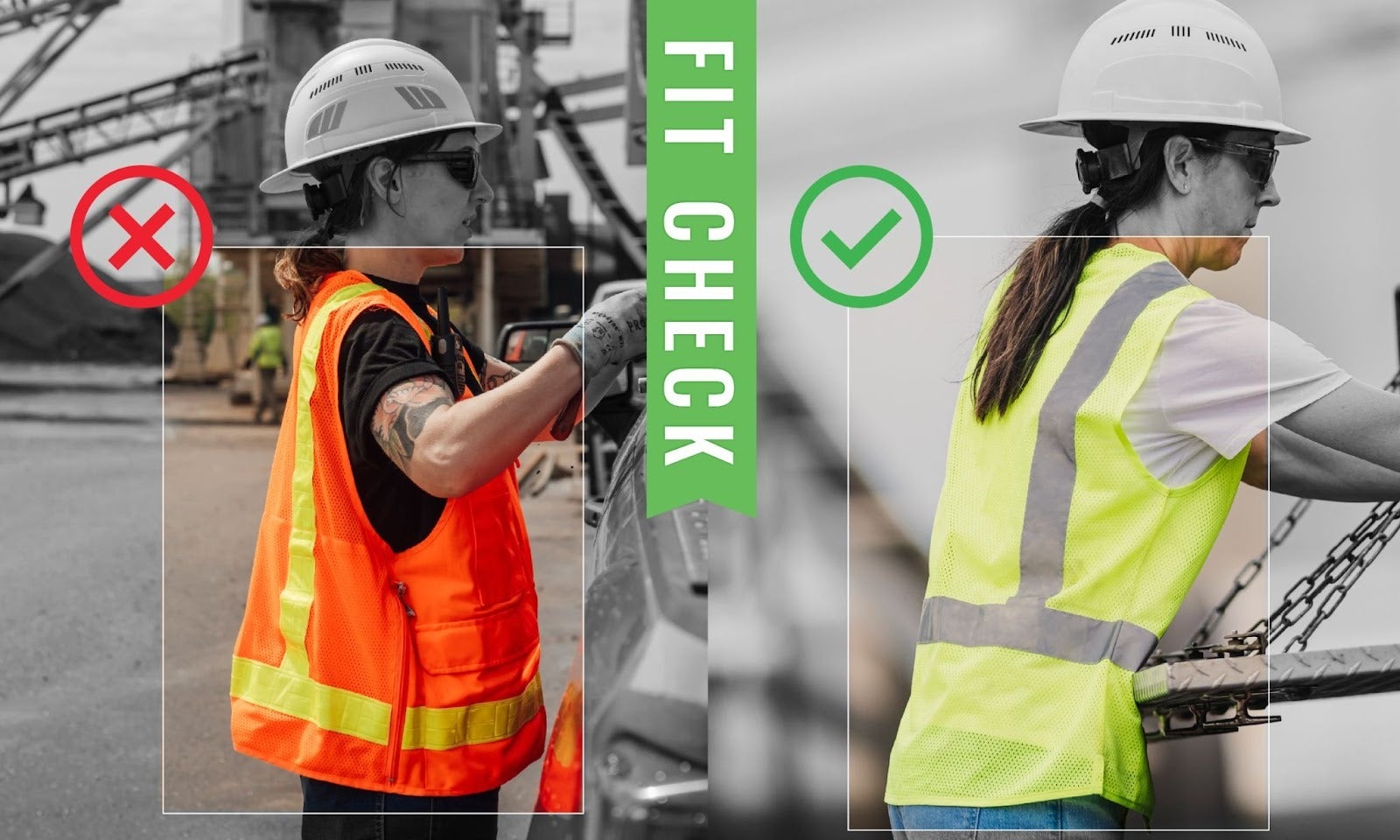 Worker on left wearing baggy hi-vis vest, worker on the right wearing a properly fitting hi-vis vest