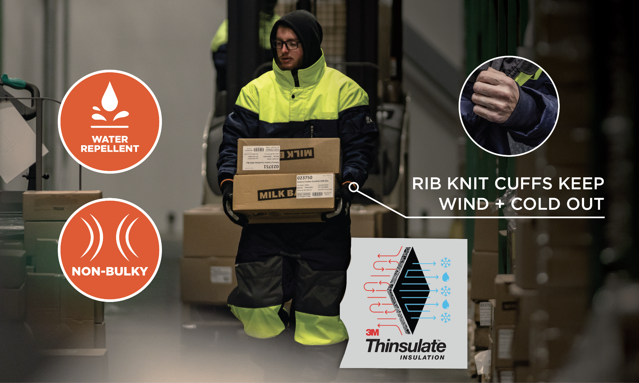 Worker wearing a jacket that features rib knit cuffs, 3m thinsulate, and a water repellent non-bulky fit