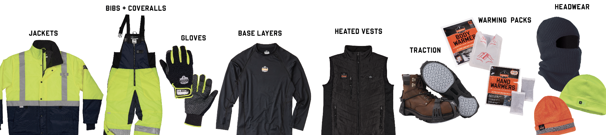 Ergodyne's product line of jackets, bib overalls, gloves, base layers, heated vests, traction, warming packs and headwear