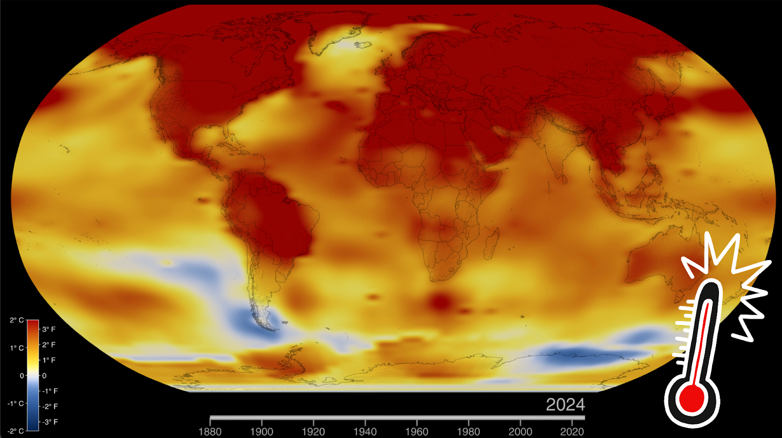 NASA image of globe showing rise in temperatures