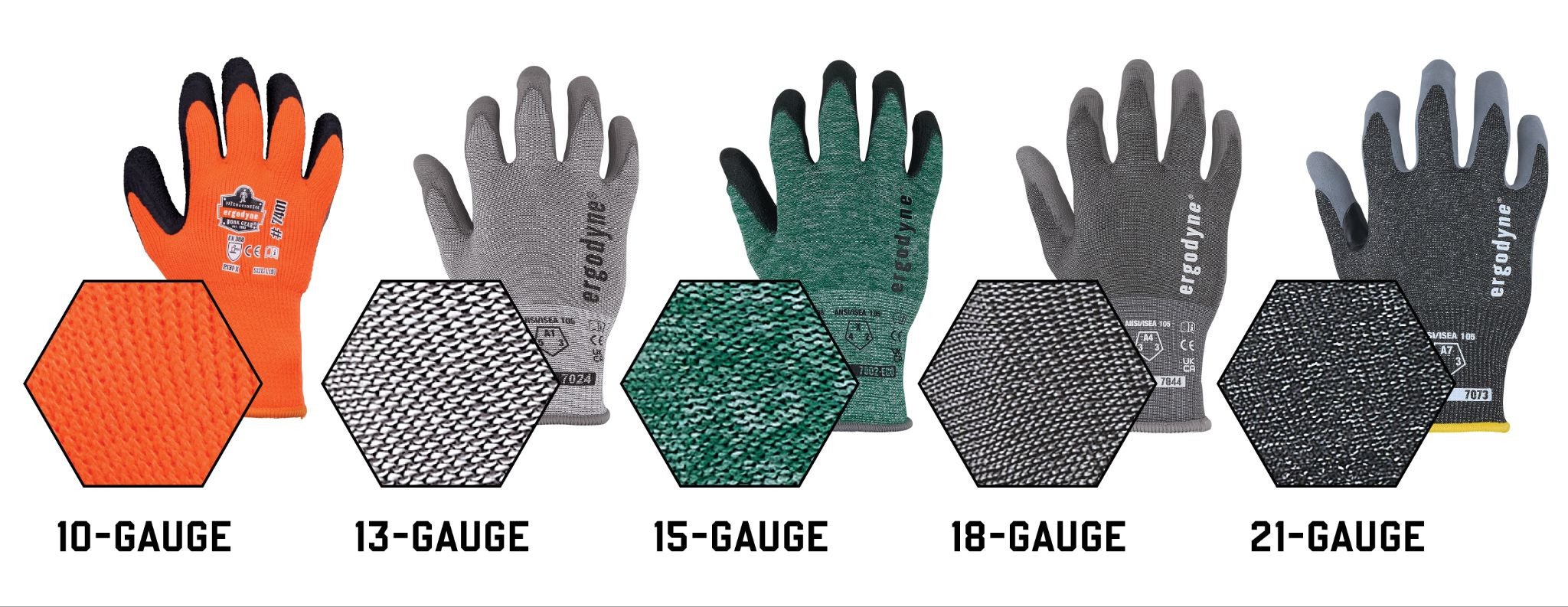 10-gauge, 13-gauge, 15-gauge, 18-gauge and 21-gauge gloves